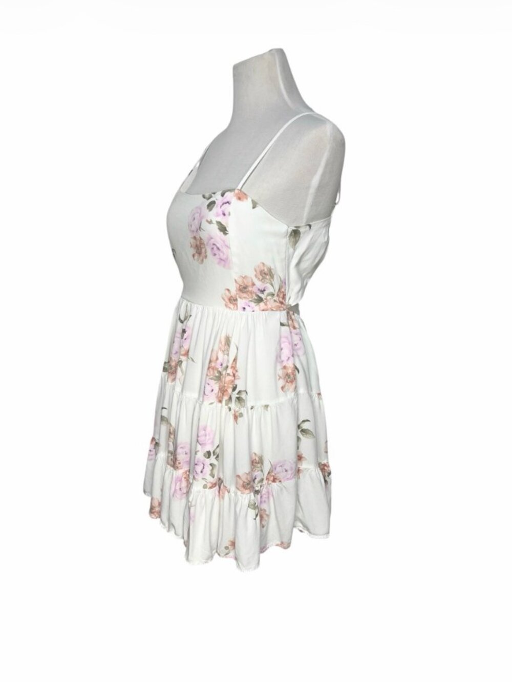 Streetwear Society Floral Mini Dress L Ivory Tiered Strappy Open Tie Back Womens